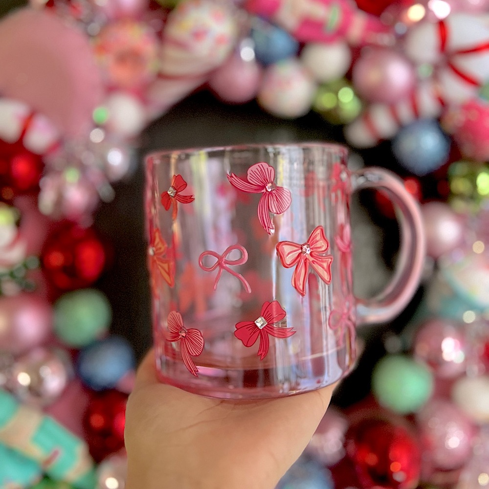 ✨NEW🎀Viral Pink Coquette Glass Mug with Bows and Crystal Gems Detailing💖